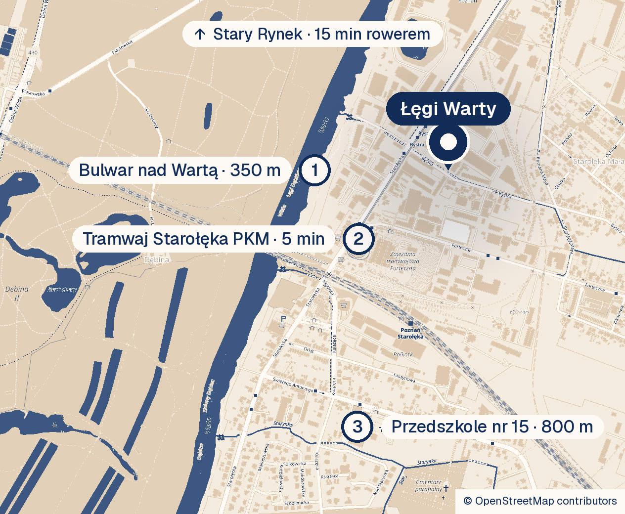 Mapa okolicy osiedla: bulwar nad Wartą, tramwaj, Stary Rynek, przedszkole